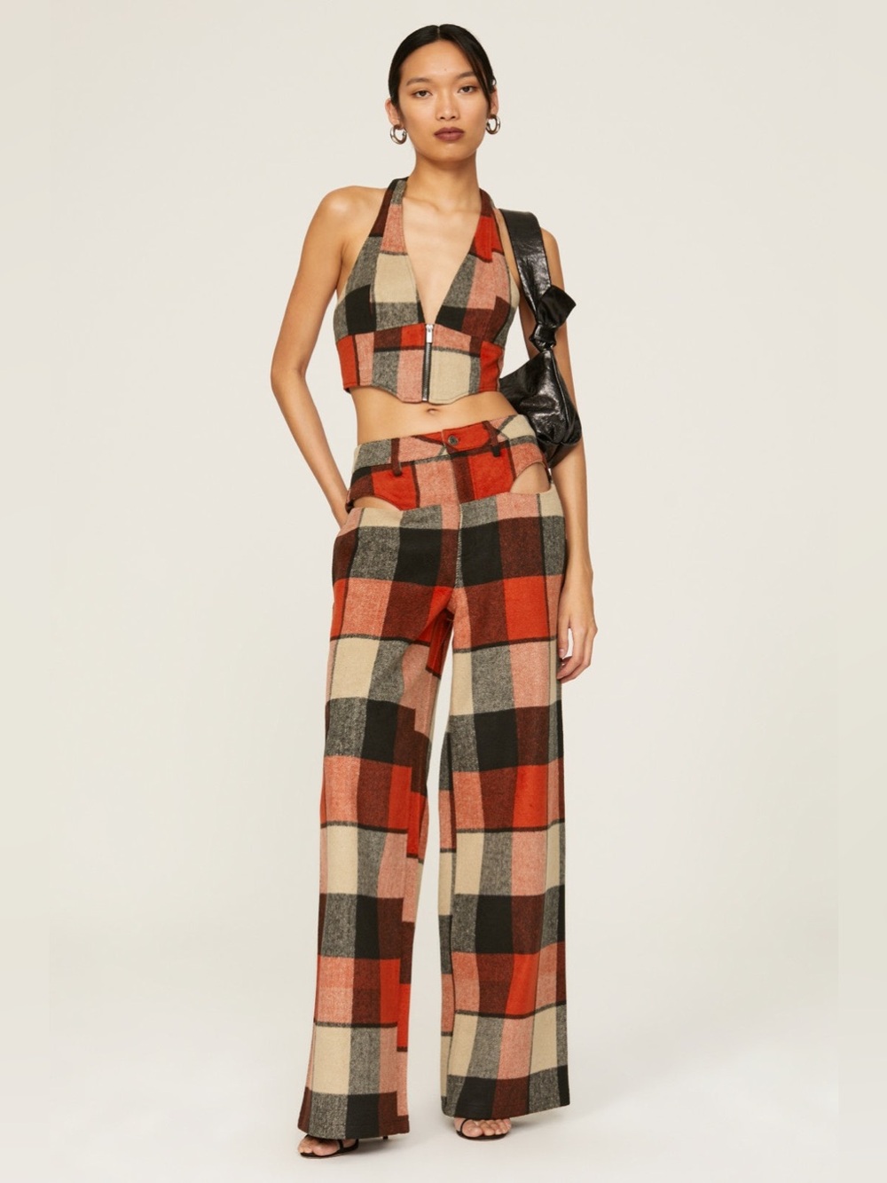 AFRM Checked Wide-Leg Pants in Red & Cream